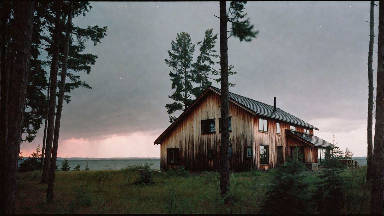 Cedar and fieldstone home on a wet northern Michigan evening