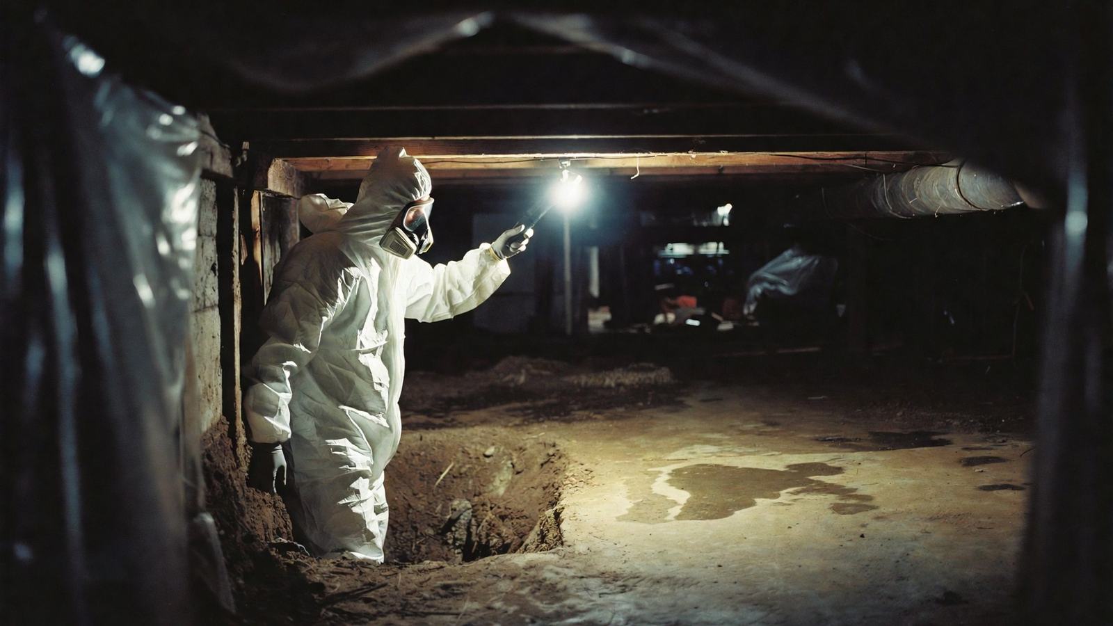 Mold remediation specialist inspecting a crawlspace under containment plastic