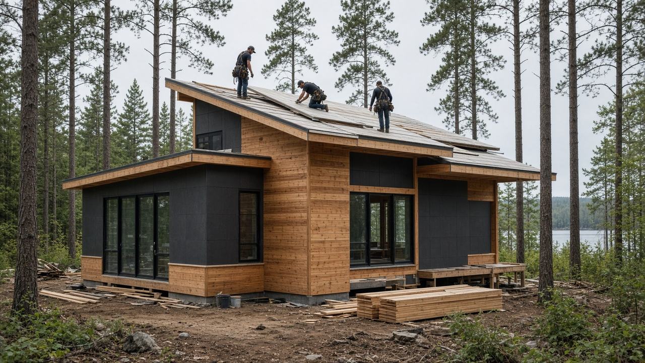 Crew setting SIP roof panels on a northern Michigan custom home