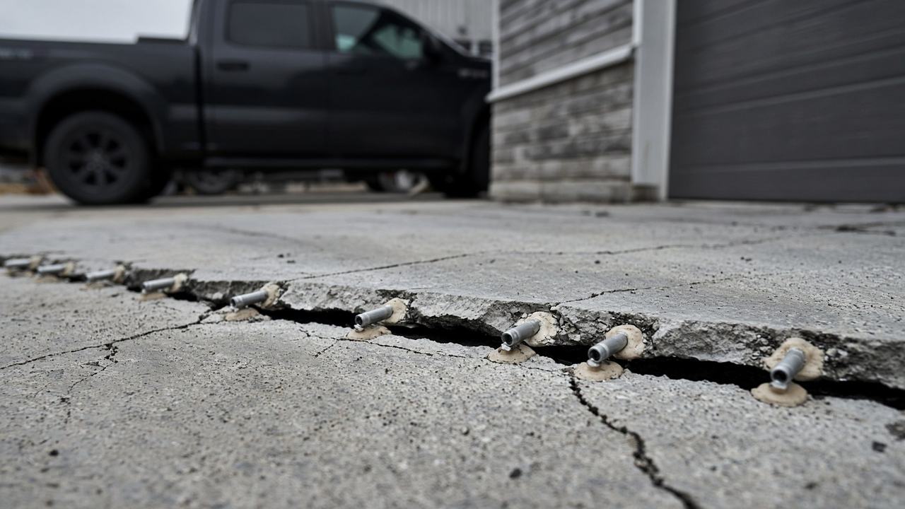 Polyurethane slab lifting on a cracked garage floor