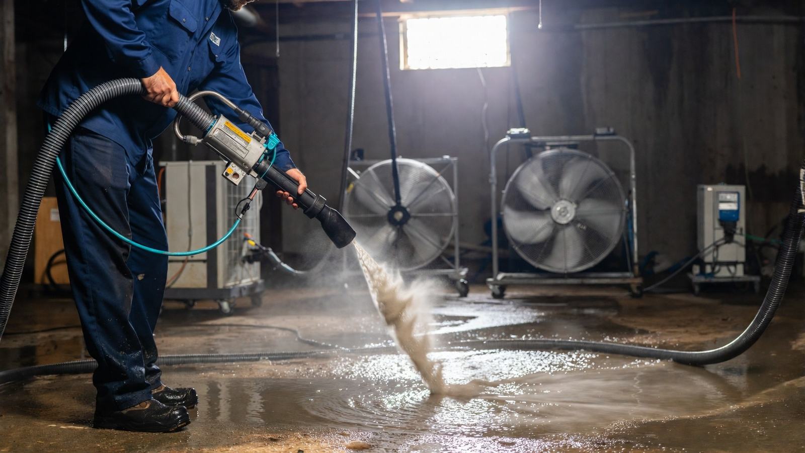 Crew extracting water from a northern Michigan basement